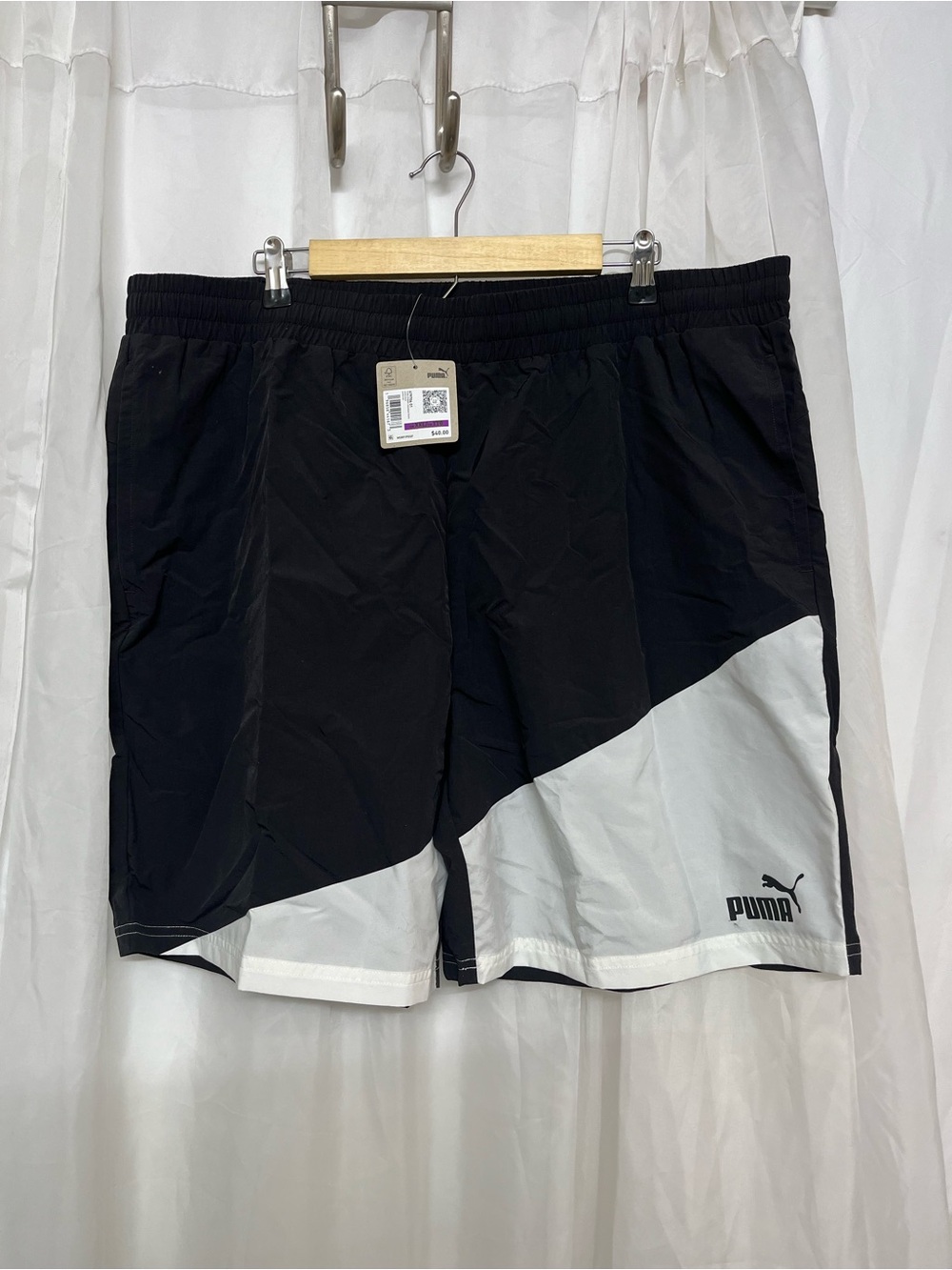 Puma Men’s Black and White Athletic Shorts with Diagonal Panel